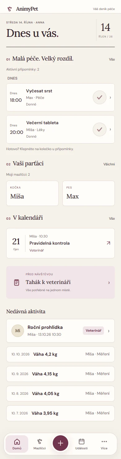 Přehled AnimyPet s mazlíčky, připomínkami a kalendářem událostí.